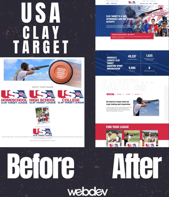USA Clay Target: Before and After examples. WebDevStudios logo. The Before example shows a very ordinary website with a lot of white space. The After example is sleek, modern, and more on-brand for USA Clay Target.