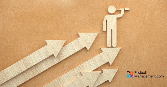 A graphic illustration showing a symbolic figure using a telescope on the highest of five upward-pointing arrows, with the logo of "ProjectManagement.com" visible, signifying leadership.
