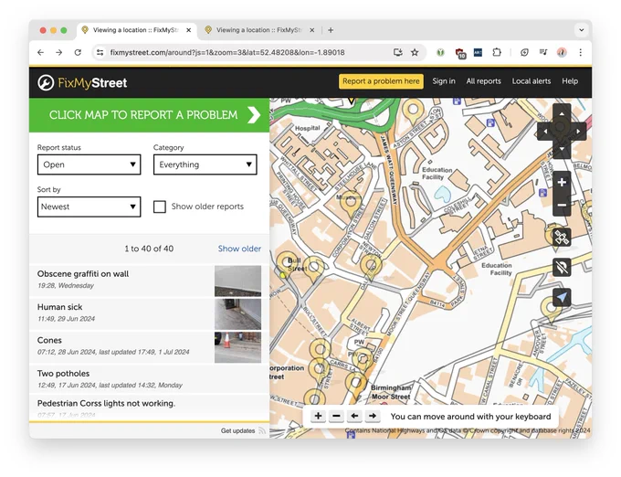 Screenshot of fixmystreet.com with JavaScript working, showing a modern draggable slippy map with pan/zoom/aerial, etc