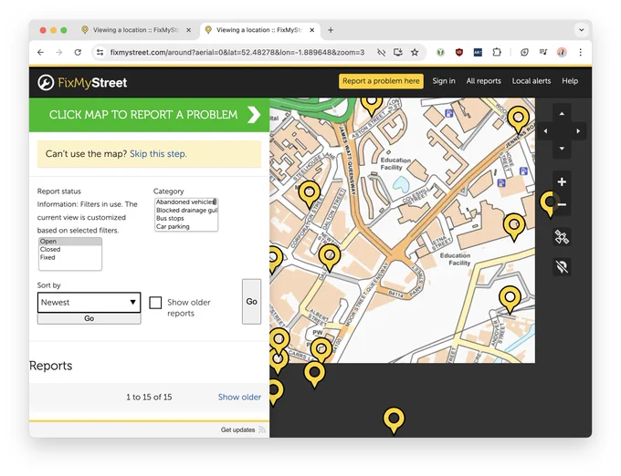 Screenshot of fixmystreet.com with JavaScript not working, showing a more basic looking map but all the functionality still works.
