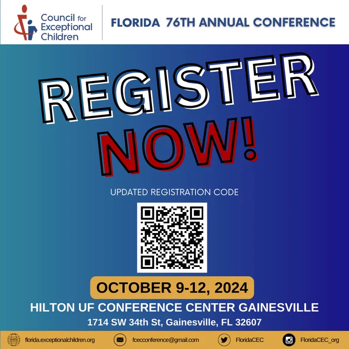 Flyer containing a QR code to register for the FCEC's 76th annual conference being held at the Hilton UF Conference Center Gainesville from October 9-12, 2024.