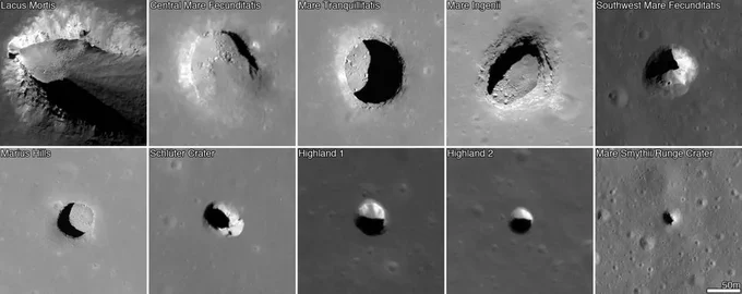 Ten images from NASA’s Lunar Reconnaissance Orbiter, showing a collection of pits detected on the Moon. The images are in a grid five images wide and two deep; each image covers an area about 728 feet wide, and has its name in small text in the upper-left corner. Credit: NASA/GSFC/Arizona State University
