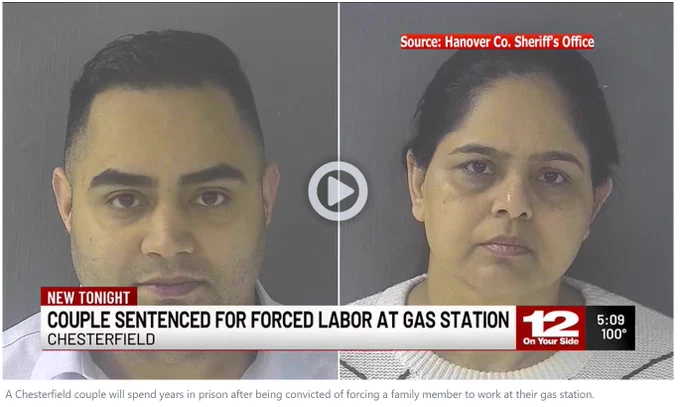 "Couple sentences for forced labor at gas station" - Chesterfield. 12 on your side news clip featuring picture of man and woman.