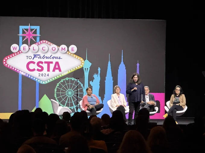 Natasha Singer moderating a keynote panel at CSTA 2024
