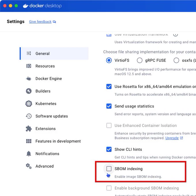 uncheck SBOM indexing under Docker Desktop settings to reduce background resource consumption