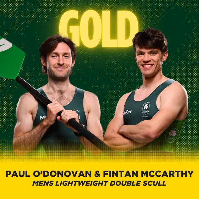 A graphic with a picture of Paul O'Donovan and Fintan McCarthy in rowing gear, with "GOLD" behind them and a caption with their names and "Men's Lightweight Double Scull" 