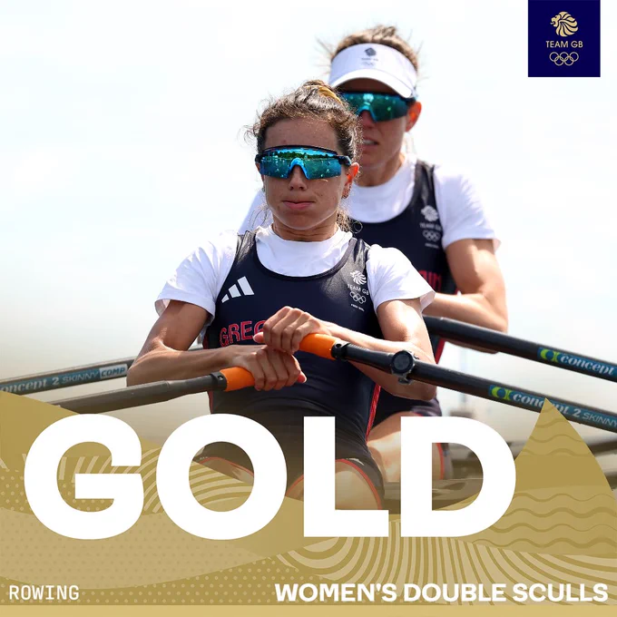 Gold medal graphic for Emily Craig and Imogen Grant in the lightweight women’s double sculls.