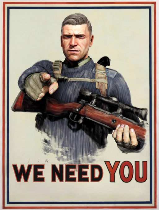 This image is a stylized recruitment poster featuring a person in military attire holding a rifle. At the top and bottom of the image are decorative red and blue borders. The person is depicted with short hair, wearing a tactical vest, and has a stern expression. Below the figure, the text "WE NEED YOU" is prominently displayed in bold, capitalized letters.