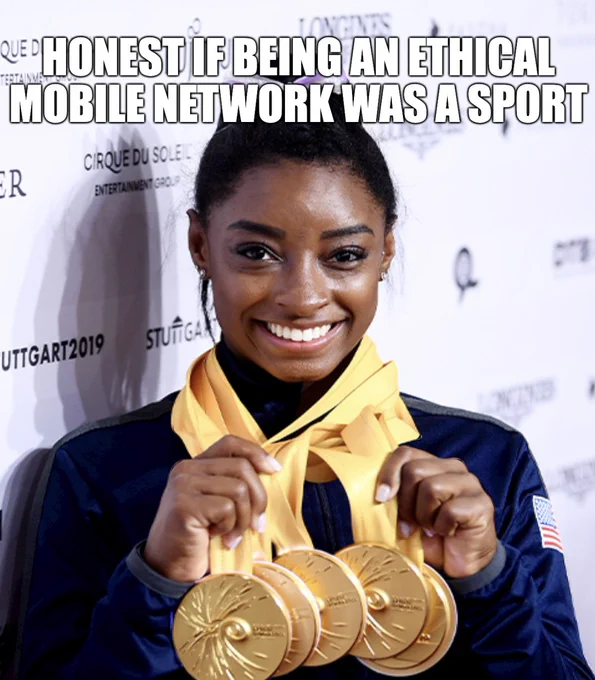 Simone Biles with a collection of gold medals around her neck. Caption reads "Honest if being an ethical mobile network was a sport".