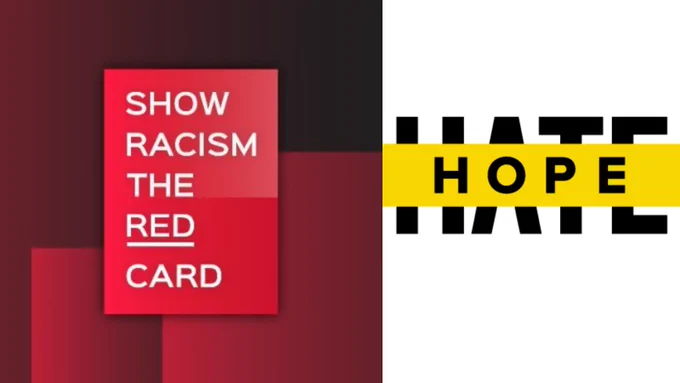 Show racism the red card and hope not hate logos.