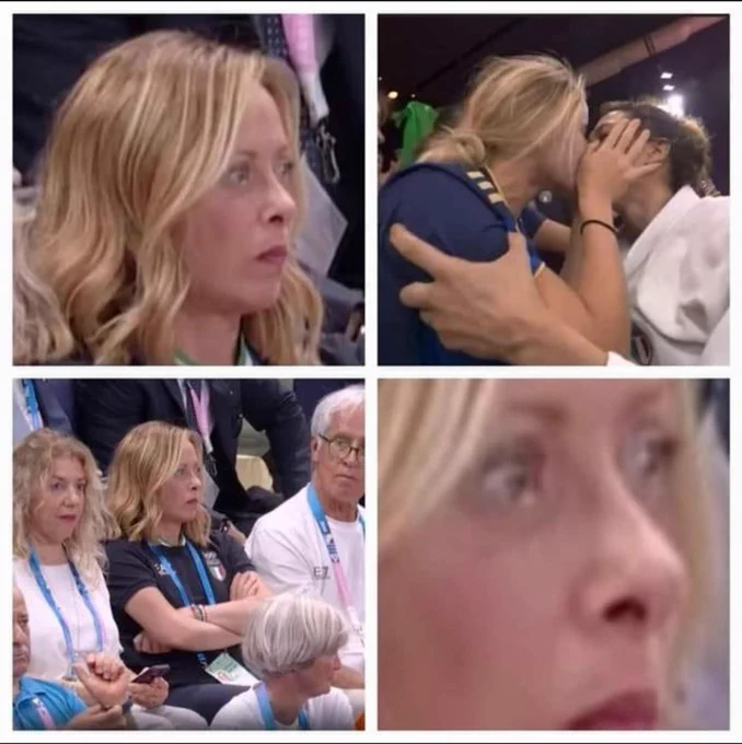 Italian premier Meloni's face as the Italian gold medalist in judo celebrates by kissing her girlfriend