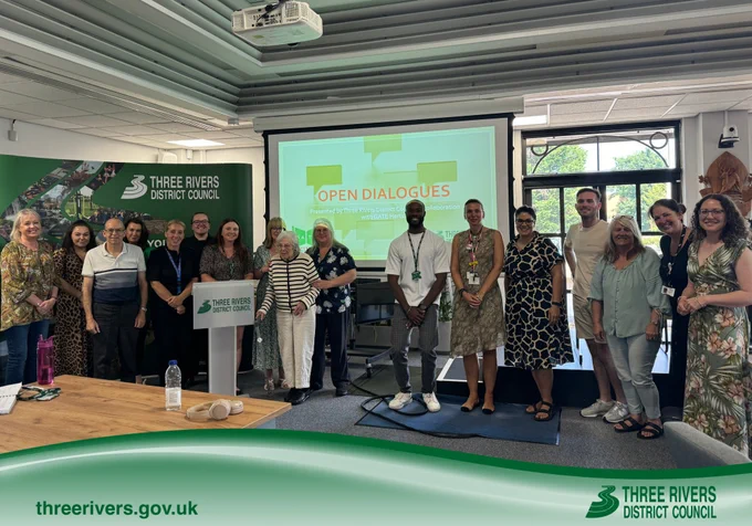 A group photo of the open dialogue session attendees at Three Rivers house in Rickmansworth on 1 August 2024.