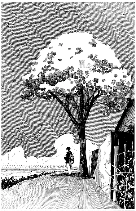 Pen and ink illustration, a guy standing under a tree  on a road, looking at the far away clouds, (drawn with different inking techniques)