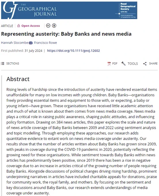 Title and abstract for 'Representing austerity: Baby Banks and news media' by Hannah Slocombe and Francisco Rowe in The Geographical Journal. 