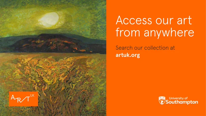 Image of artwork by John Elwyn entitled September. It is a landscape painting. It features on a orange Art UK background with the words Access out art from anywhere. Search our collection at artuk.org