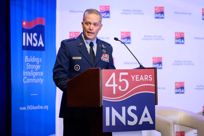 Gen Timothy D. Haugh, Commander, U.S. Cyber Command and Director, National Security Agency/Chief, Central Security Service delivers a keynote speech during a recent INSA Leadership Dinner.