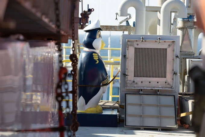Patrick the Safety Penguin secured on the ship’s roof, awaiting return to port. (Credit: Tiffany Liao, IODP JRSO) 