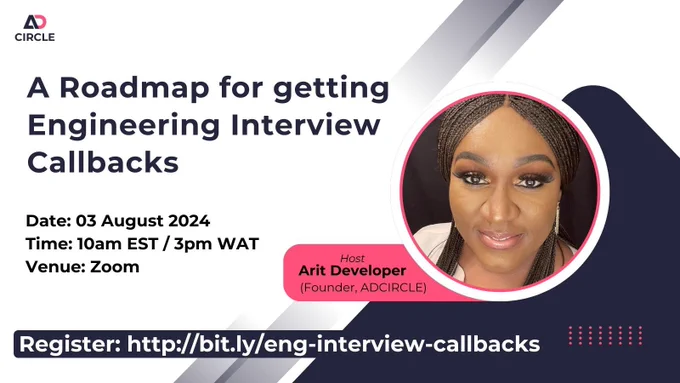 An event flier hosted by Arit developer circle titled ‘A Roadmap for getting Engineering Interview Callbacks’