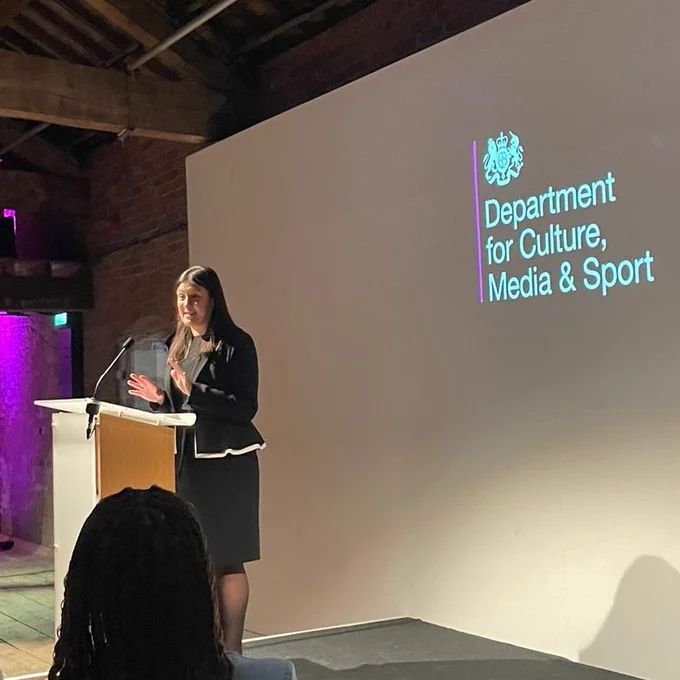 Department for Media, Culture and Sport Secretary of State, Lisa Nandy MP, pictured on stage in Manchester speaking to leaders from sectors for which the department is responsible. 