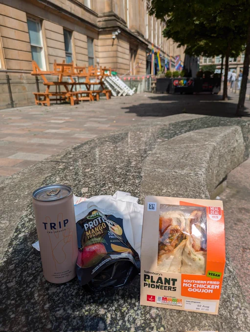 A selection of Sainsbury's meal deal items: vegan wrap, protein yoghurt, trip drink