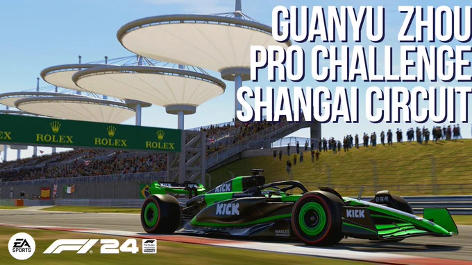 A imagem mostra a Sauber C44 na curva 16 do Shangai International Circuit, no jogo F1 24 feito pela Eletronic Arts.