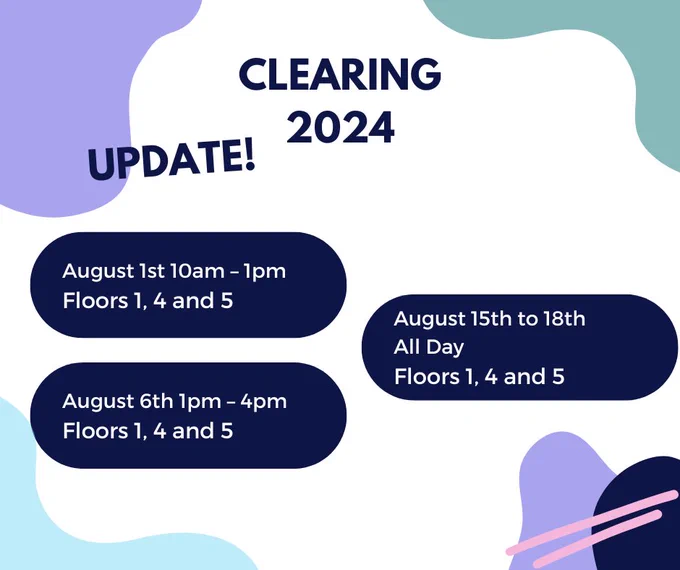 An update to let University Library users know that our floors 1, 4 and 5 will be unavailable on 1st, 6th and 15th to 18th August to host Clearing activities.
