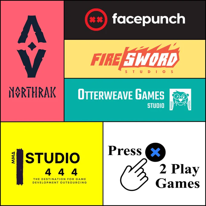 A graphic split into various colourful squares, each with a different logo: Northrak, Facepunch Studios, Fire Sword Studios, Otterweave Games Studio, Studio 444, and Press X 2 Play Games