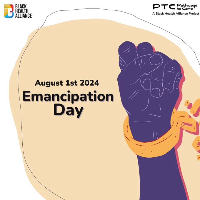 On a white background there is a large offwhite organic circle in the background with a think black sketch around the circle. On the top left corner is the Black Health Alliance logo and the top right corner has the Pathways to Care Logo. Below this is an image of a fix breaking away from a chain on the wrist. To the left it says August 1st 20204 Emancipation Day. 
