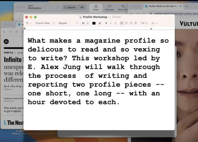 What makes a magazine profile so delicious to read and so vexing to write? This workshop led by E. Alex Jung will walk through the process of writing and reporting two profile pieces — one short, one long — with an hour devoted to each.