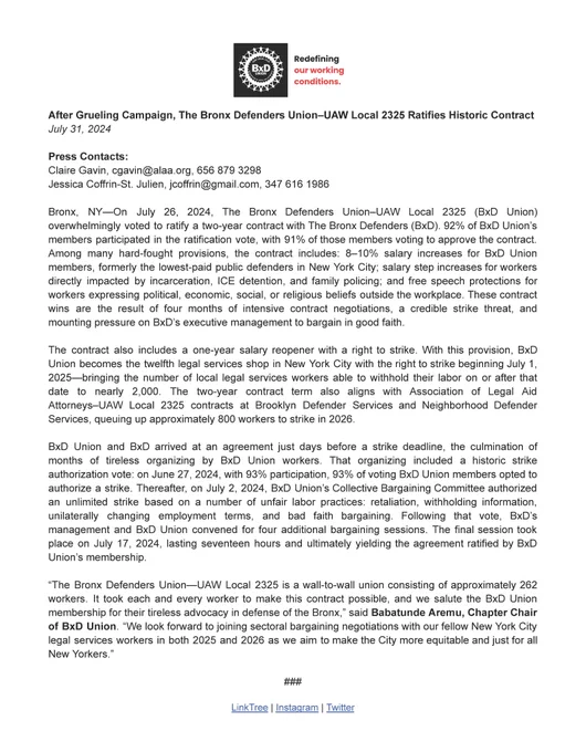 Image of press release, which is too lengthy to quote in alt text but can be read in full at www.tinyurl.com/bxdratifies.