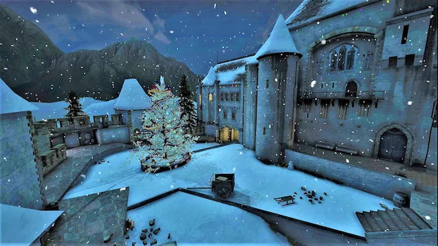 A long shot of the T spawn of an older version of CS:GO cobblestone, set during the winter.