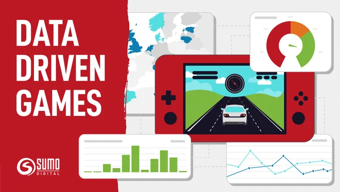 An illustrated graphic showing various graphs and maps and on a white background. In the centre is a red handheld console showing a car driving down a road with a speedometer above it. To the left is text on a red background that reads 'Data Driven Games' and below this is the Sumo Digital logo. 