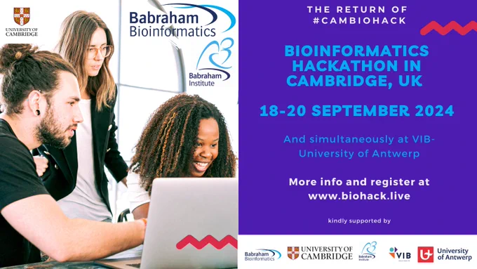 young people gathered around a computer, smiling. Text on blue background to right hand side reads: The return of #CamBioHack. Bioinformatics Hackathon in Cambridge, UK 18-20 September 2024 And simultaneously at VIB - University of Antwerp. More info soon.
