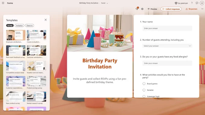 UI of a Microsoft Form for a Birthday Party invitation that was created from a template.