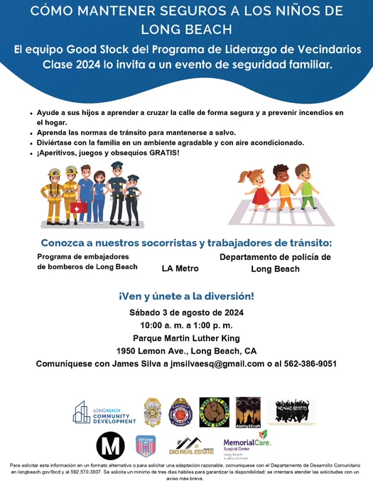 Keeping Long Beach Kids Safe event flyer in Spanish. Saturday, August 3, 2024 from 10 a.m. to 1 p.m. at Martin Luther King Park. 1950 Lemon Ave., Long Beach, CA. Free snacks, games and giveaways.