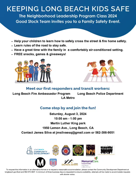 Keeping Long Beach Kids Safe event flyer. Saturday, August 3, 2024 from 10 a.m. to 1 p.m. at Martin Luther King Park. 1950 Lemon Ave., Long Beach, CA. Free snacks, games and giveaways.