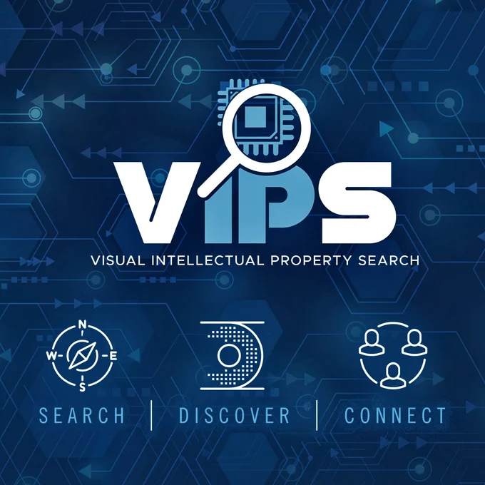 Image featuring the logo "VIPS" which stands for Visual Intellectual Property Search, overlaid on a blue circuit board background with symbols representing search, discovery, and connection, and other digital icons enhancing the theme of technology and innovation.
