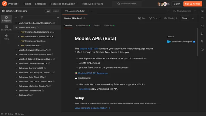 Screenshot of the Models API (Beta) Postman collection.
