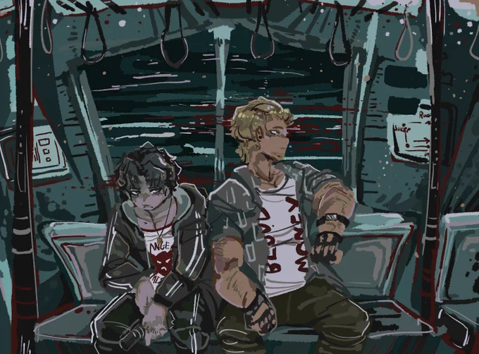 Tony and Sergio are sitting on the metro station, shoulder to shoulder, Sergio more closed off with a gun in hand while Tony is relaxed with his brass knuckles. While the bus drives by, the background makes it look like their headshots in the window are bleeding with the blur.