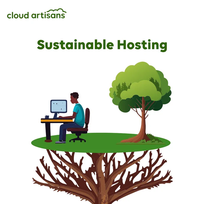 A graphic of a man sat at a desk with a computer on grass, next to a tree. Underneath him are the roots connecting the tree and the computer. 