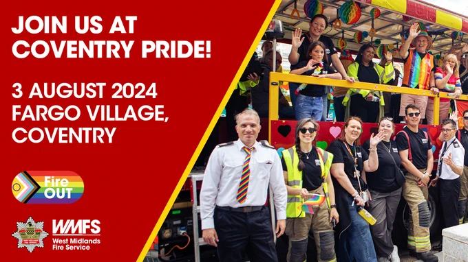 Pictures features a group of emergency responders including firefighters in uniform, standing in front of a fire truck. Several individuals are smiling, and some are waving, celebrating the event. They wear various accessories like rainbow ties or bracelets showing support for the pride event. 