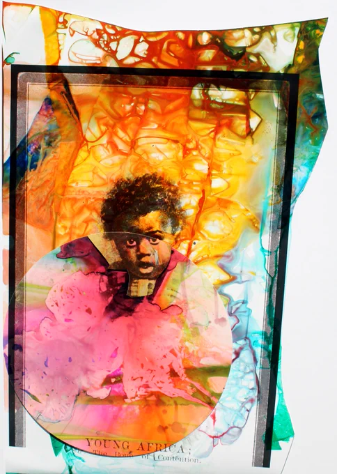 A Library of Congress archival image of an African American baby featured in a tissue ink monoprint and archival print piece entitled "We got you covered" and created in 2024 by Maya Freelon. The text under the baby's image reads: "Young Africa; Or, The Bone of Contention."
