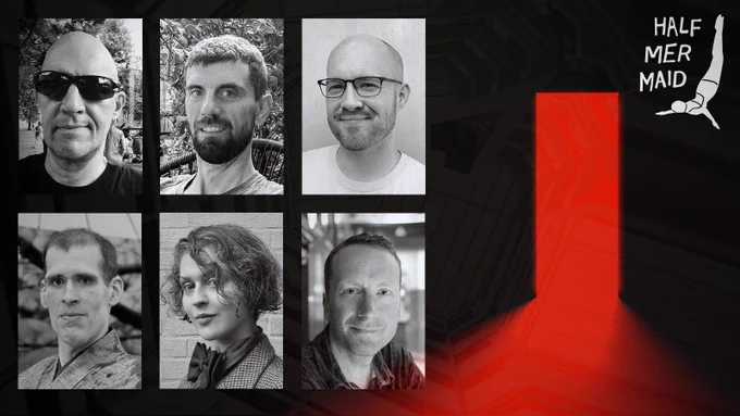 A stunning array of videogame development talent is laid out in front of an ominous red door. The Half Mermaid logo sits nearby, proud.