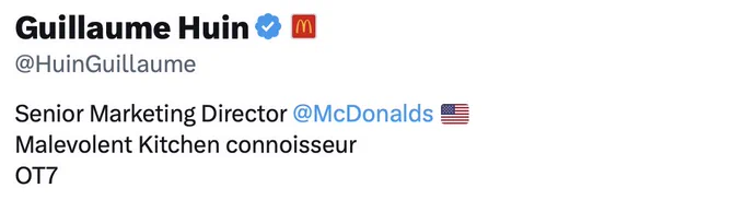screenshot of Guillaume Huin x profile and bio. Next to the username, there is a little mcdonald's logo