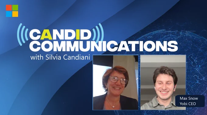 Portrait photos of two smiling people, along with the Microsoft logo and words reading Candid Communications with Silvia Candiani