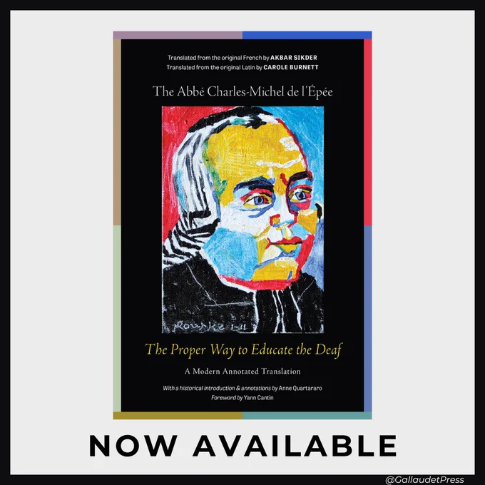 Light gray background with thin black frame. At the center is The Proper Way to Educate the Deaf's book cover, featuring a painted portrait of Abbé de l’Épée. Small watermark at the bottom right corner.