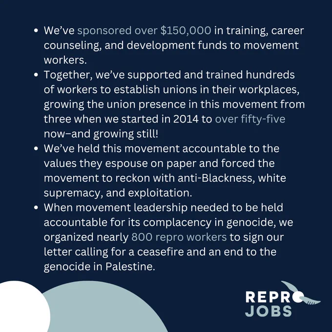 We’ve sponsored over $150,000 in training, career counseling, and development funds to movement workers. 

Together, we’ve supported and trained hundreds of workers to establish unions in their workplaces, growing the union presence in this movement from three when we started in 2014 to over fifty-five now–and growing still! We’ve held this movement accountable to the values they espouse on paper and forced the movement to reckon with anti-Blackness, white supremacy, and exploitation. When movement leadership needed to be held accountable for its complacency in genocide, we organized nearly 800 repro workers to sign our letter calling for a ceasefire and an end to the genocide in Palestine.