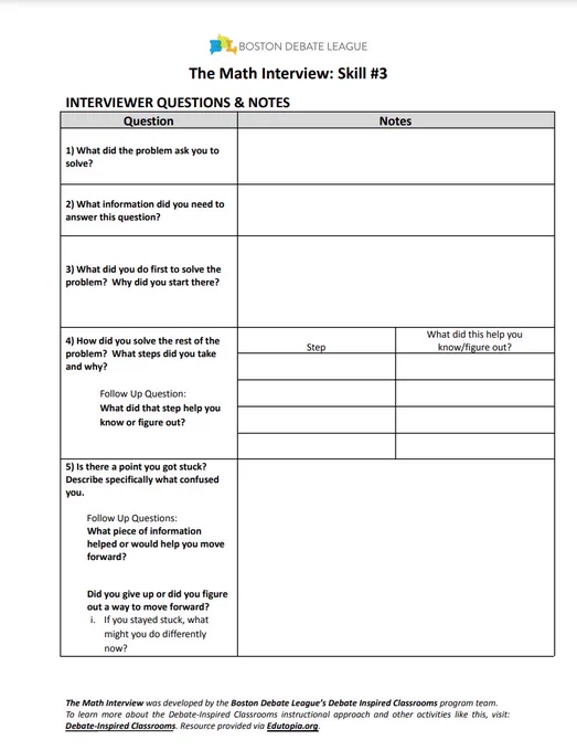 Handout with a table titled "The Math Interview." The left column has questions students can ask each other about math, such as, "What did the problem ask you to solve?" The right column has space for notes.