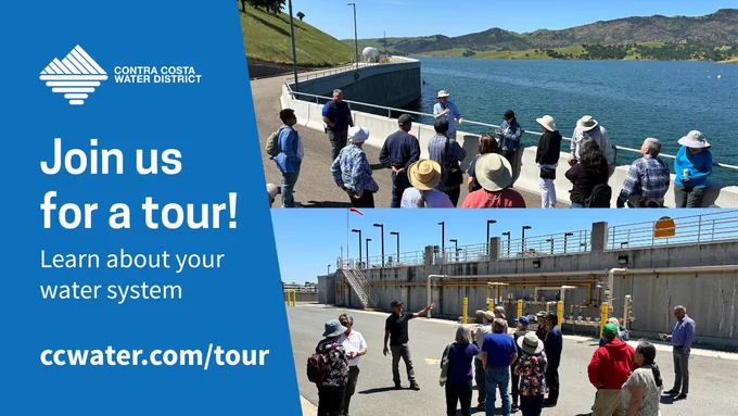 Photos of CCWD staff conducting public tours of the water system, with text "Join us for a tour! Learn about your water system. ccwater.com/tour"