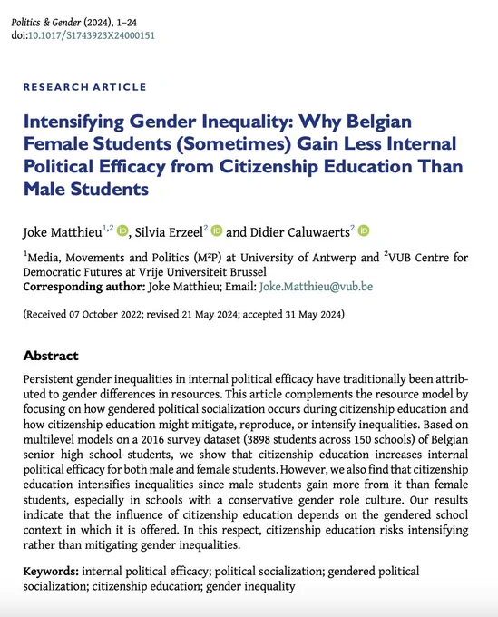 Research article entitled "Intensifying Gender Inequality: Why Belgian Female Students (Sometimes) Gain Less Internal Political Efficacy from Citizenship Education Than Male Students" by Joke Matthieu,
Silvia Erzeel, and Didier Caluwaerts. 